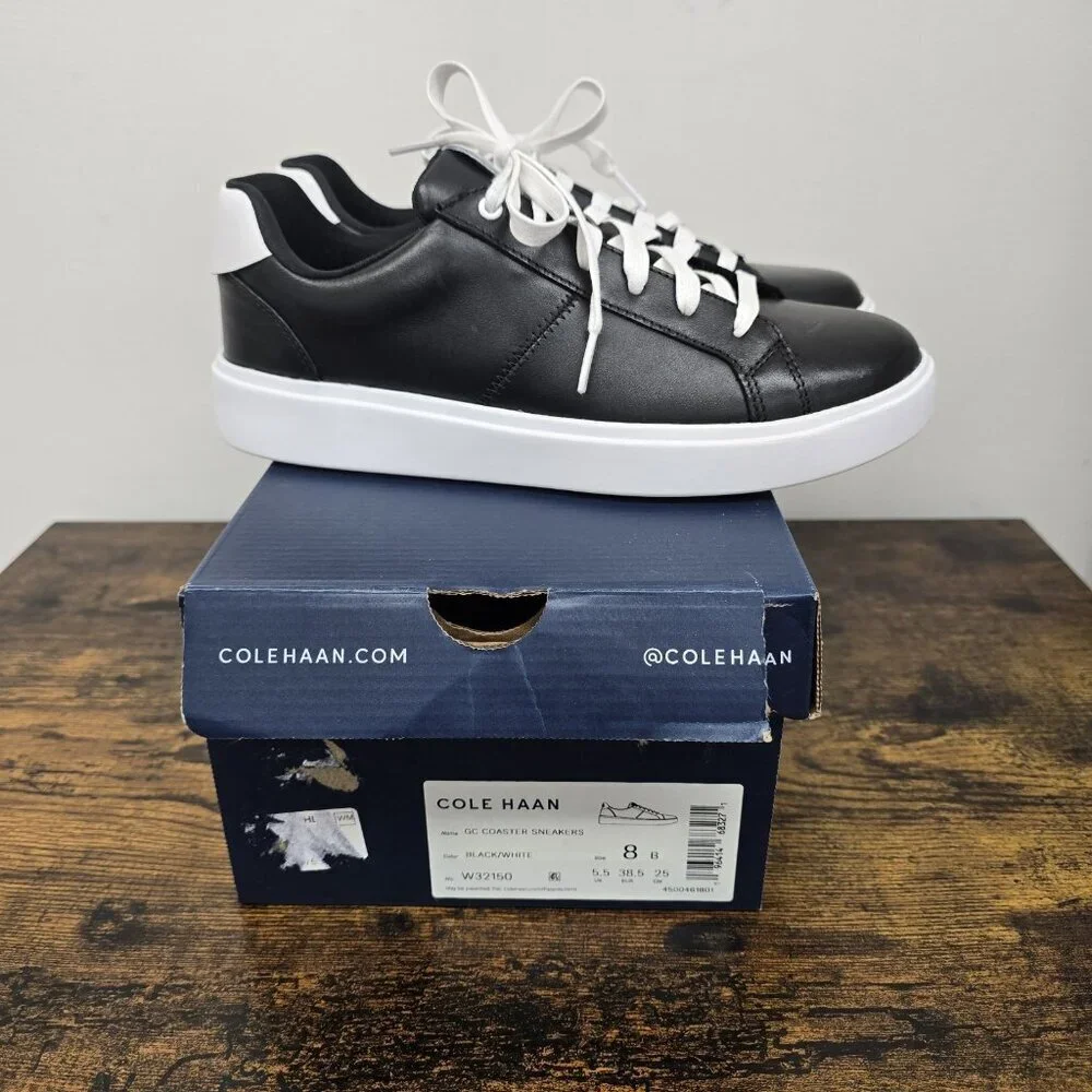 NEW Cole Haan Sz 8B Grand Crosscourt Coaster Leather Sneakers Black White W32150